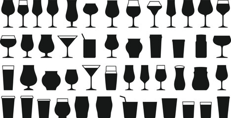 Drinkware silhouettes set, wine glasses, cocktail cups, beer mugs, coffee cups, tumblers, barware collection, beverage icons, black and white vector illustration