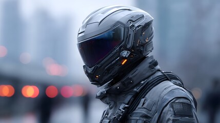 Close up profile of a sci fi individual wearing an advanced illuminated helmet and dark tactical clothing against a bokeh rich urban backdrop