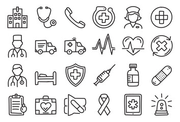 Hand Drawn Medical and Healthcare Line Art Icons Set for Hospital, Doctor, and Emergency Design Concepts