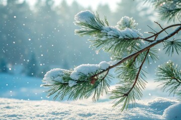 Snow covered pine branches in a bright winter scene