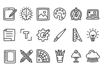 Hand Drawn Creative Design Tools Line Art Icons Collection for Digital Illustration and Graphic Concepts