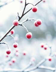 Frost-covered red berries on branches create a winter wonderland scene