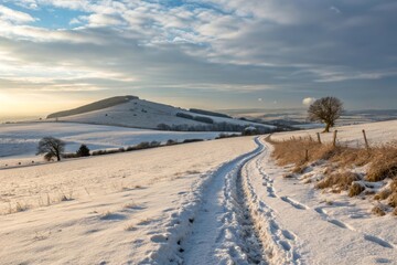Snow covered trail leading towards a distant hill landscape