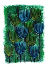 A stylized image of a field or bouquet of flowers, executed in an expressive manner with thick brushstrokes of paint.