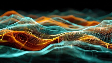 Abstract digital landscape of swirling, interconnected lines in teal and orange