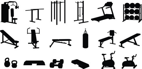 Gym equipment silhouettes, fitness icons set, workout tools vector, cardio and strength training gear, exercise machines, home and commercial gym essentials