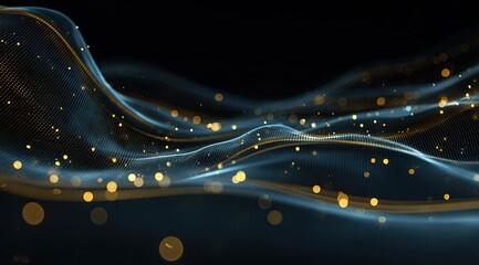 Abstract dark background with flowing, light-blue, and gold particles