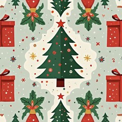 Joyful seamless christmas pattern with festive holiday elements. background features vintage tree and gift design