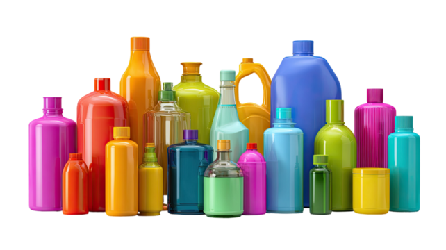 Group of colorful plastic bottles containers for liquid products packaging variety different shapes sizes isolated on white background