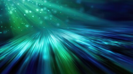 Abstract, vibrant teal and green, motion blur background with glowing particles