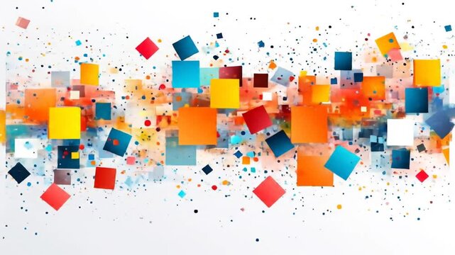 A dynamic explosion of abstract colorful squares and dots against a white background
