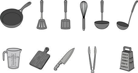 Kitchen utensils vector illustration set, frying pan, spatula, whisk, ladle, knife, cutting board, grater, tongs, cooking tools black and white design