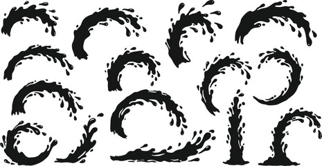 Ocean wave icons, water splash silhouettes, sea wave illustration, surfing design, marine elements, dynamic motion graphics, black and white vector set