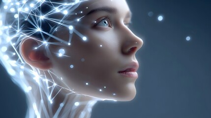 Conceptual visualization of a person s profile with an illuminated interconnected network pattern emanating from the head representing advanced technology and digital connectivity