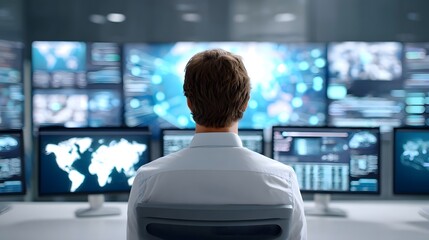 In a high tech control room an individual is engrossed in a vast array of screens showing intricate data visualizations world maps and complex network information