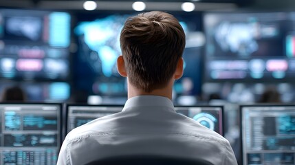 A person from behind works in a high tech control room analyzing complex data visualizations charts and world maps across multiple large computer monitors