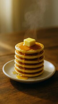 stack of steaming pancakes with melting butter on top on wooden table in warm light with copyspace concept of breakfast freshness bakery advertising and homemade food branding