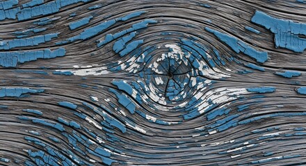 Weathered wood with peeling blue paint creating an abstract pattern and textures on the surface