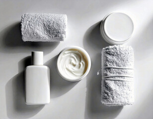 An array of beauty products and white towels arranged on a light surface, suggesting a spa-like experience