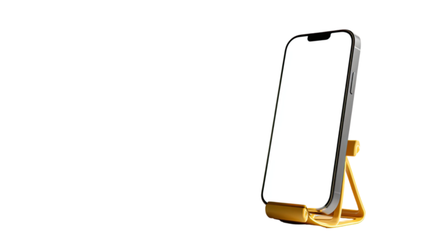 Modern frameless smartphone with blank white screen standing on yellow holder stand for display mockup isolated on white background