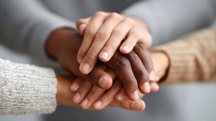 Close up of multi ethnic hands layered together symbolizing diversity   teamwork and mutual support in a gesture of connection and solidarity