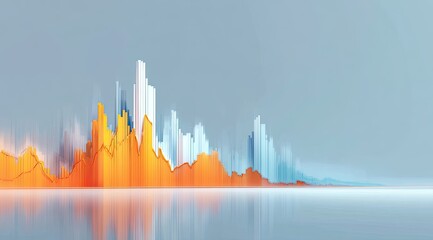 Abstract cityscape, orange and white buildings, reflected on a light gray surface