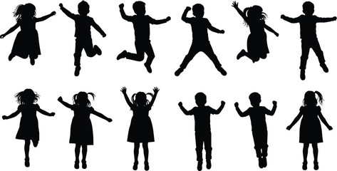 Silhouette children jumping, kids celebrating in air, joyful boys and girls, happy childhood energy, playful group activity, fun celebration, dynamic motion illustration