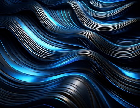 wavy blue neon lights flowing through black metallic stripes creating a futuristic and technological background
