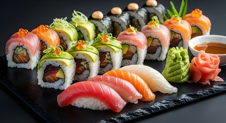 A delectable assortment of sushi rolls and nigiri served on a black slate platter with condiments