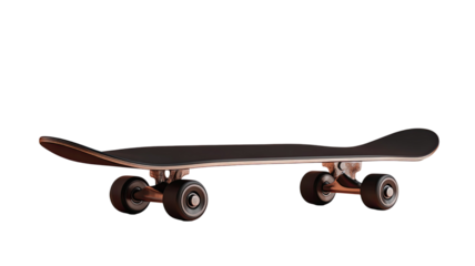 Modern black wooden skateboard deck with wheels and metal trucks for professional street skating isolated on white background