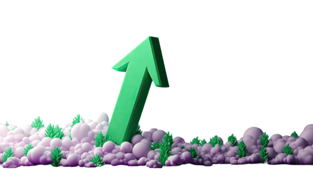 Green upward arrow growing from colorful bubble soil with small plants representing positive progress isolated on white background