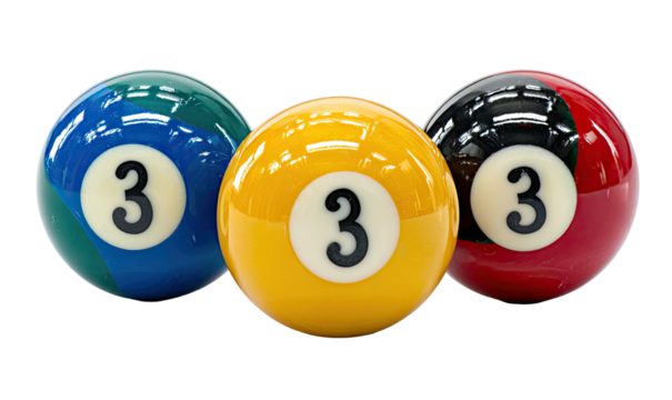 Three colorful pool balls, each displaying the number 3, are displayed against a black backdrop
