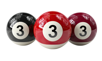 Three billiard balls with the number "3" prominently displayed, each in a different color
