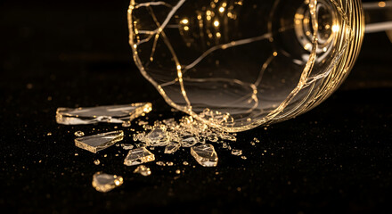 Elegant Shattered Glass Goblet Closeup Still Life on Black Background