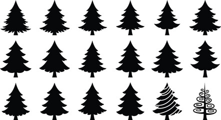 Stylized pine tree silhouette set, abstract forest vector icons, decorative conifer shapes, creative evergreen collection, black nature graphic elements, isolated trees