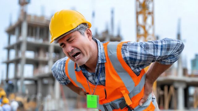 A construction worker in a high-visibility vest and hard hat is experiencing back pain on site