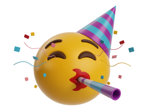 3D Render of Yellow Emoji Wearing Conical Hat and Blowing Noise Maker with Falling Confetti Transparent Background