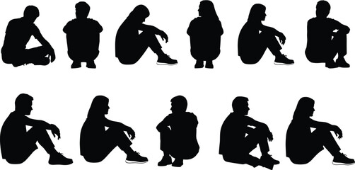 Silhouettes of diverse young adults sitting on the ground in various pensive and relaxed poses, isolated black vector collection
