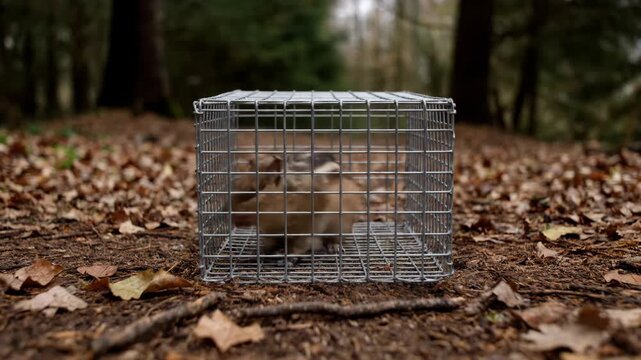 Eastern Gray Squirrel Captured in Silver Metal Cage Surrounded by Fallen Brown Leaves on Forest Floor Daytime