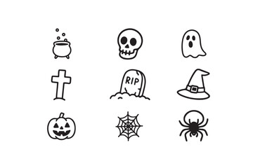 Hand Drawn Happy Halloween Doodle Icon Set Vector Illustration on White Background