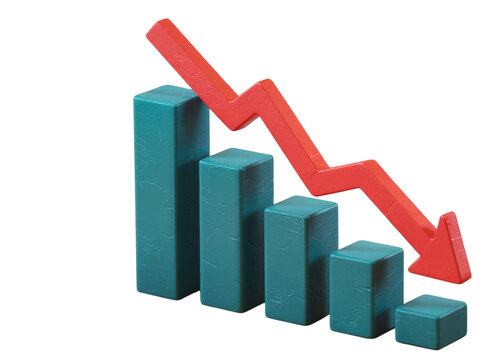 Downward trend bar chart with red arrow showing decline transparent background