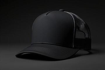 Black trucker cap with mesh back on dark background, showcasing minimalist design and modern style