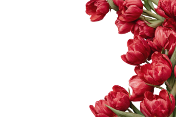 Close-up of a cluster of bright red tulips cascading down a black background