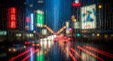 Abstract Night Raindrop on Glass with City Light Bokeh Scenery