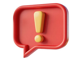 3D Render Red Speech Bubble with Exclamation Mark Icon Symbolizing Alert Warning or Important Message