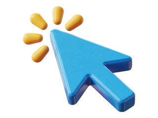3D Render Blue Mouse Pointer Clicking Icon with Orange Light Sparks Indicating Selection or Interaction