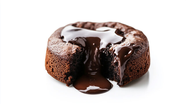 Decadent chocolate lava cake with rich, molten fudge oozing out of the warm center, isolated on a bright white background