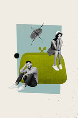 Creative 3d artwork banner collage of two upset poor business partners girl guy sit wallet crossed dollar coin bankruptcy