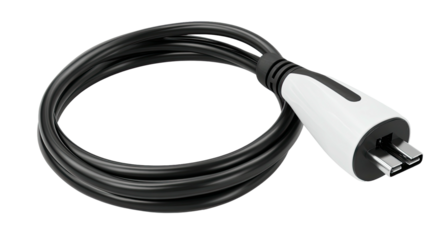 A black cable coiled, connected to a white and black charger end with two prongs extending