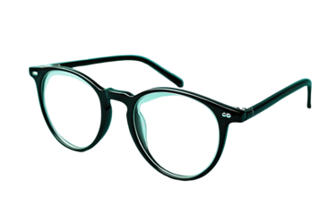 Optical eyewear, black frame, rounded lenses, modern design, product shot, isolated on black